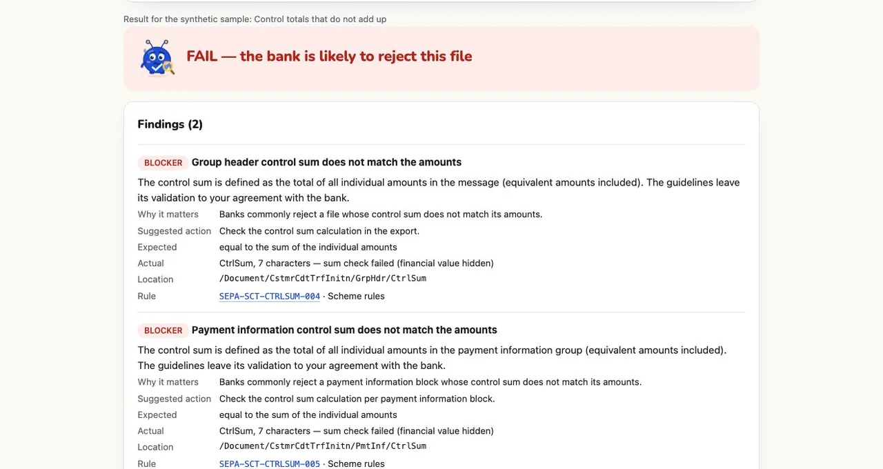 A BankLint result reading 'FAIL — the bank is likely to reject this file', with two blocker findings: the group header and the payment information control sums do not match the amounts, each with why it matters, the suggested action, the XPath location and the rule.