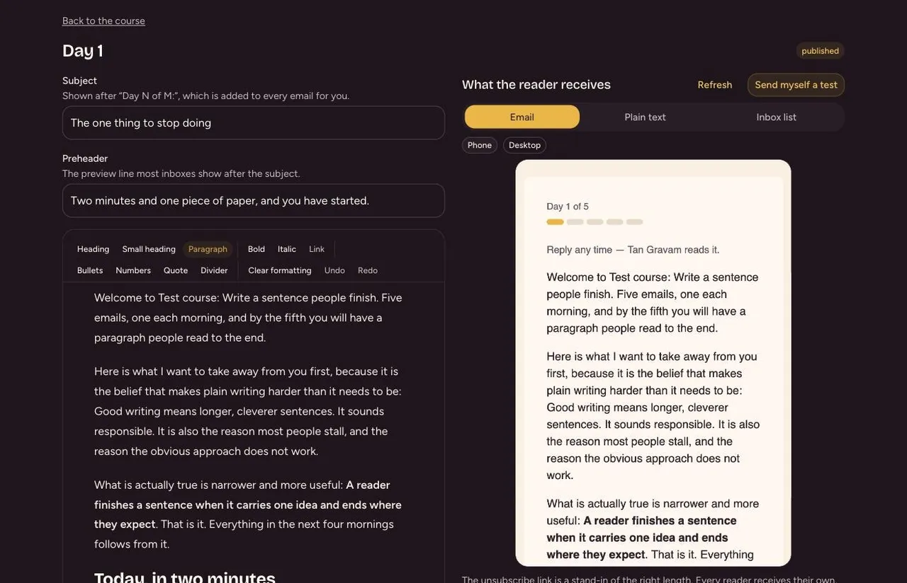 The 5dayemail day editor: subject, preheader and body on the left, and a live preview of the email the reader receives on the right, with a Day 1 of 5 progress bar.