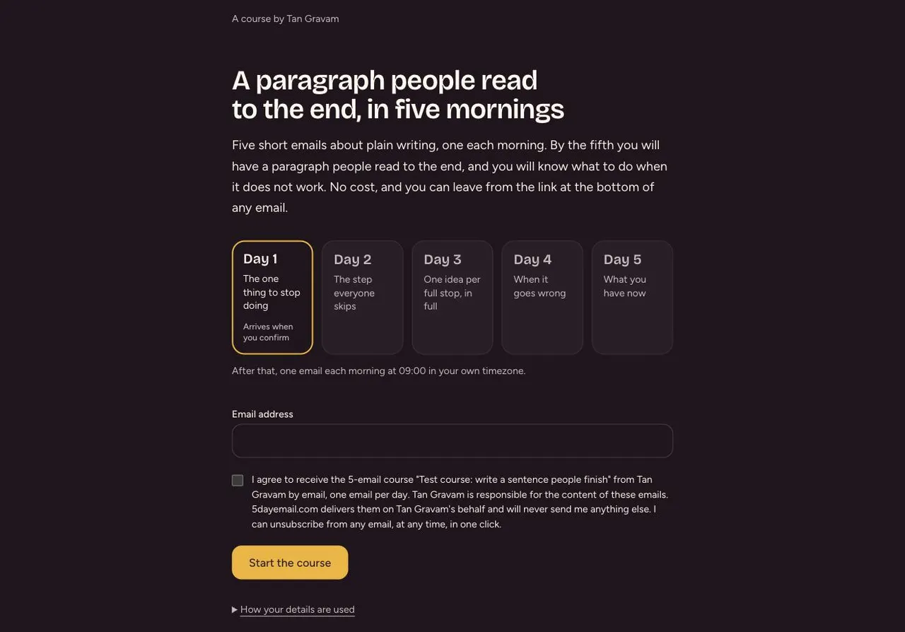 A hosted 5dayemail sign-up page showing the course headline, the five days laid out as cards, an email field and the consent sentence.