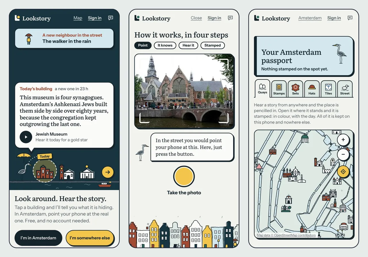 Three Lookstory screens: the home screen with today's building and a drawn Amsterdam street, the four-step tour pointing a camera at the Oude Kerk, and the Amsterdam passport with a drawn map of the places.
